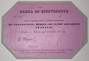 Carta di ricevimento del congresso di Torino, 1840
