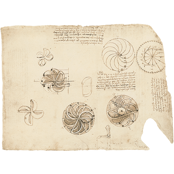 Leonardo da Vinci, Codice Atlantico (BAM), f. 1062r - Studi per la progettazione di una ruota perpetua