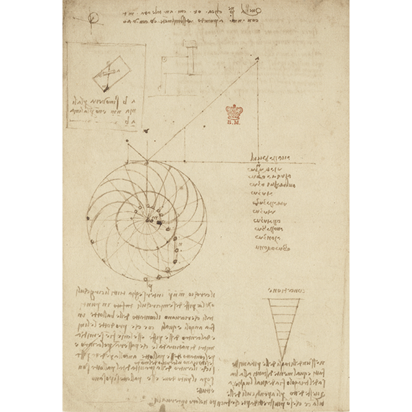 Leonardo da Vinci, Codice Arundel (BLL), f. 44v - Studio per la progettazione di una ruota a sbilanciamento