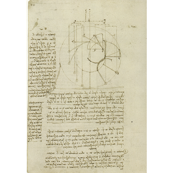 Leonardo da Vinci,Codice di Madrid I (BNM), f. 147v - Studi per la progettazione di una ruota perpetua a bracci articolati