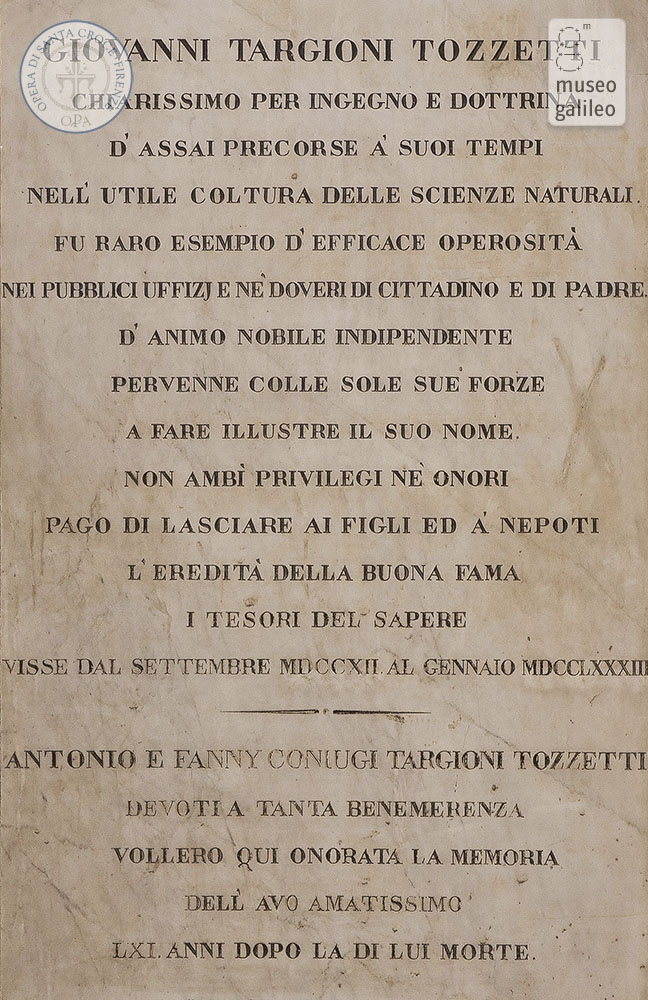 Targa con busto di Giovanni Targioni Tozzetti - iscrizione