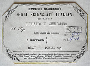 Biglietto di ammissione al congresso di Napoli, 1845