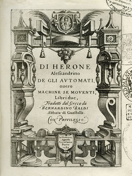 Frontespizio di Erone di Alessandria, De gli automati, Venezia, Girolamo Porro, 1589.