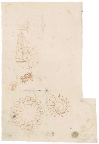 Leonardo da Vinci, Codice Atlantico (BAM), f. 921v - Studi per la progettazione di una ruota perpetua