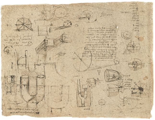 Leonardo da Vinci, Codice Atlantico (BAM), f. 267v - Studi per la progettazione di una ruota perpetua meccanica