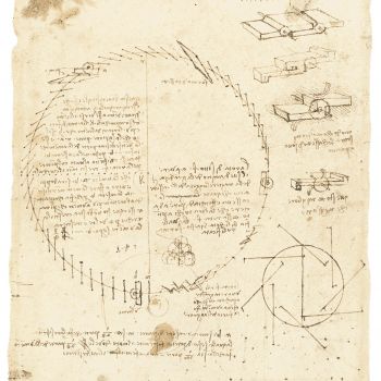 Articulated wheel distributed on a series of shafts with revolving boxes, Codex Atlanticus, f. 557 v