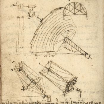Studies on perpetual-motion engines powered by Archimedes’ screw, Codex Forster I, f. 54 v