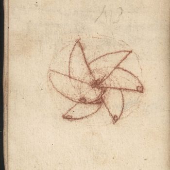 Red-chalk sketch of perpetual wheel, Codex Forster II, f. 12 v