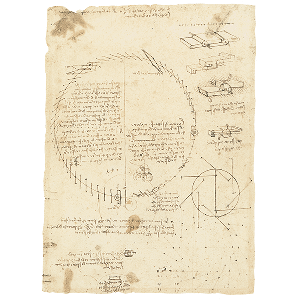 Leonardo da Vinci, Codex Atlanticus (BAM), f. 557v - Study of a perpetual wheel with a variable set up
