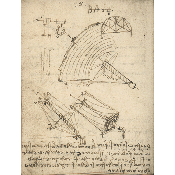 Leonardo da Vinci, Codice Forster I (VAML), f. 54v - Studi di motori perpetui basati sulla vite di Archimede