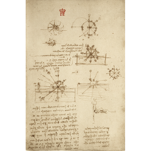 Leonardo da Vinci, Codice Arundel (BLL), f. 34v - Studio per la progettazione di una ruota a sbilanciamento