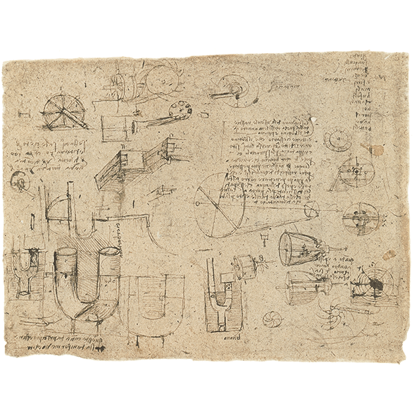 Leonardo da Vinci, Codice Atlantico (BAM), f. 267v - Studi per la progettazione di una ruota perpetua meccanica